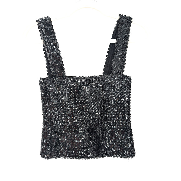 Black Sequin Square Neck Stretch Knit Glam Sparkly Whimsigoth Fairy Bling Tank - Picture 6 of 8